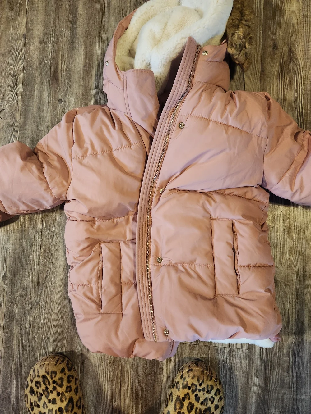 abercrombie kids Dusty Pink Puffer Jacket with Faux Fur Hood